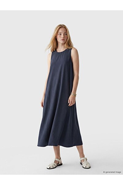 LC Waikiki Xside Navy Blue Crew Neck A-Line Dress