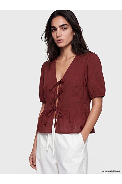 LC Waikiki Lcw Vision Burgundy V-Neck Blouse with Bow Detail