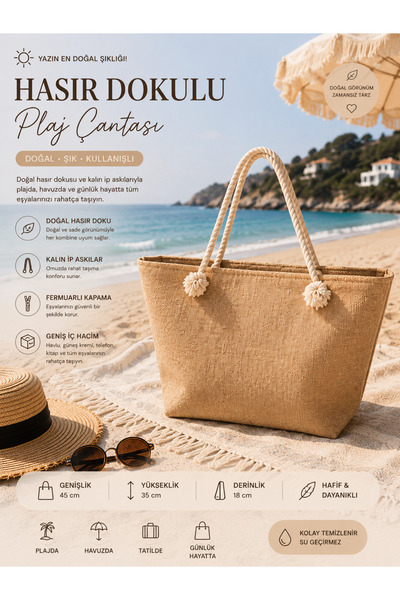violena Natural Linen Büyük Boy Plaj Çantası – Fermuarlı Keten Dokulu Kadın O...