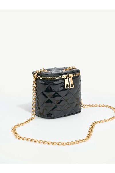 Beshora Lucia Black Patent Leather Mini Box Quilted Patterned Chain Strap Cro...