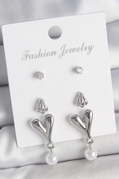 Marsilyan Brass Silver Color Zircon Stone Dangle Heart Model 3 Pairs Women's ...