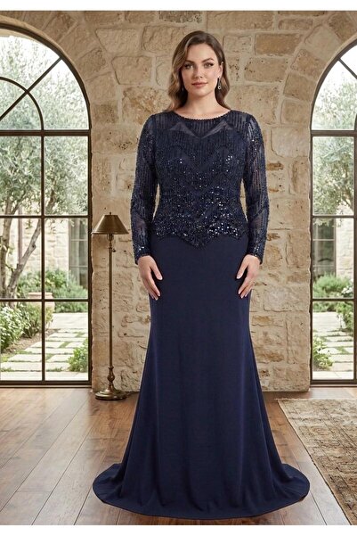NOVERA DRESS Noveradress Büyük Beden Uzun Kol Payetli Krep Abiye Elbise - Lac...