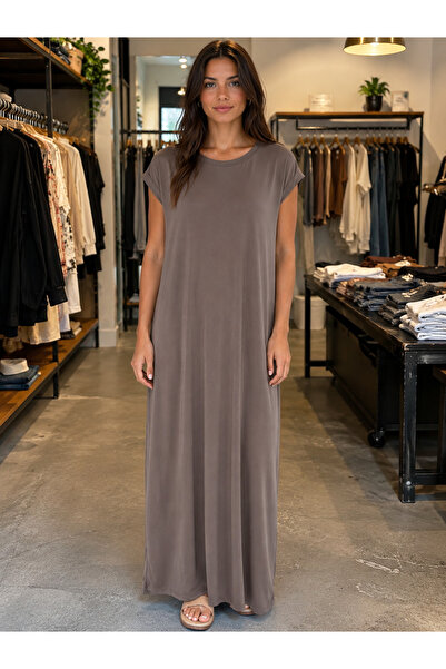 Butik Kadın Kahverengi Vatkalı Kısa Kollu Maxi Boy Elbise