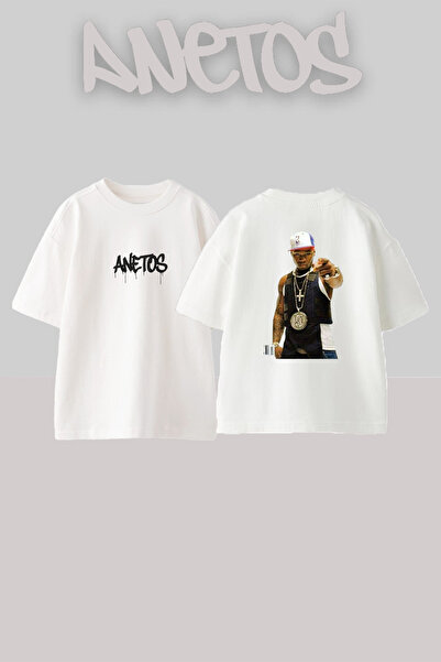 Anetos تي شيرت أبيض كبير الحجم مطبوع بتصميم 50 Cent_35 للجنسين
