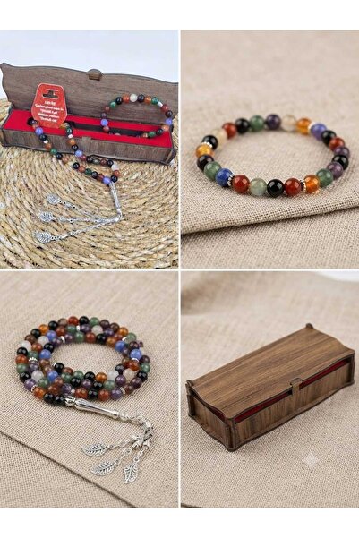 HKY Wooden Boxed Natural Chakra Stone Prayer Beads and Bracelet Set