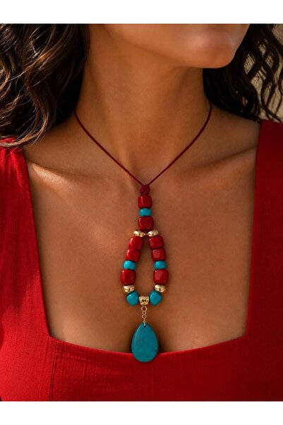 Kutcha Accessories Turquoise Natural Stone Necklace with Red Glass Beads