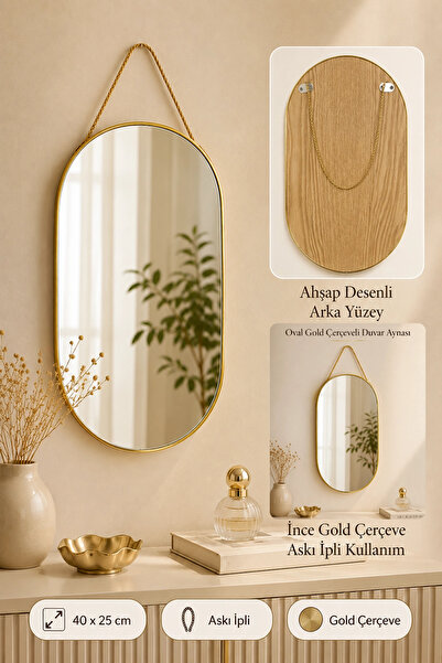 Tilbe Home Oval Gold Çerçeveli Dekoratif Duvar Aynası 40x25 Askılı Modern Salon Antre Banyo Yatak Odası Aynası