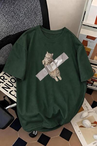 Oksit Pop Art Style "Taped Cat" Pattern Cotton Comfortable Unisex T-Shirt