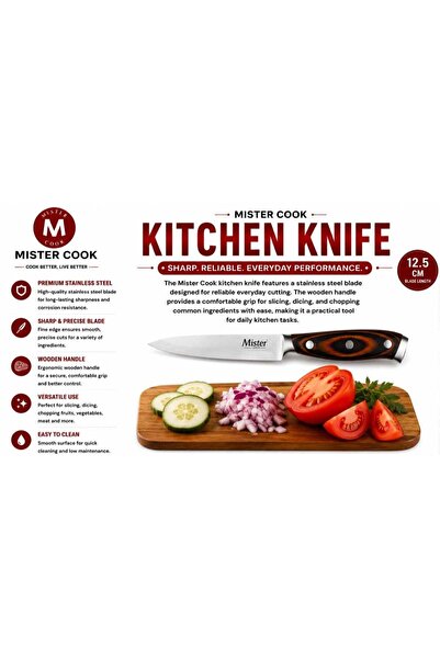 MISTERCOOK Mister Cook Kitchen Knife with Wooden Handle – Stainless Steel Blade