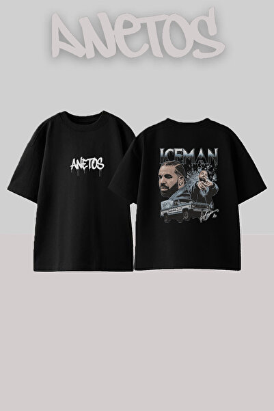 Anetos تي شيرت أسود كبير الحجم مطبوع بتصميم Drake Iceman_1 للجنسين