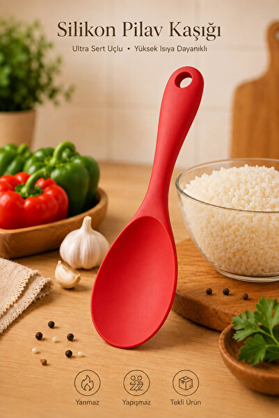 Tilbe Home Silikon Pilav Kaşığı Ultra Sert Uçlu Yanmaz Yapışmaz Isıya Dayanıklı Kırmızı Servis Yemek Kaşığı