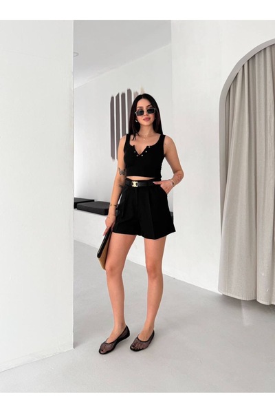 PIOVE Women's Ecru Belted High Waist Pleated Detailed Shorts