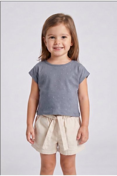 MAVİ BONCUKK Girl's Stone Detailed T-Shirt and Belted Shorts Set