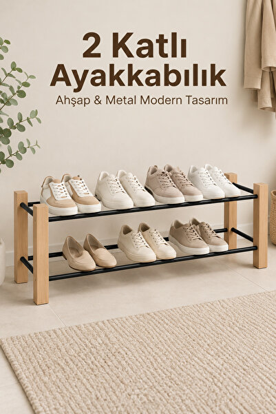 Svava 2 Katlı Ayakkabılık 97 cm Ahşap Metal Ayakkabı Rafı Antre Koridor Kapı ...