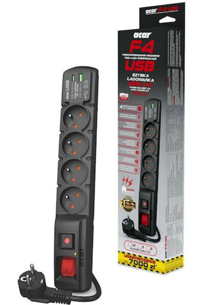 Acar Ltd Prelungitor Acar cu protecție la supratensiune, 4 prize, cu 1 USB-A,...