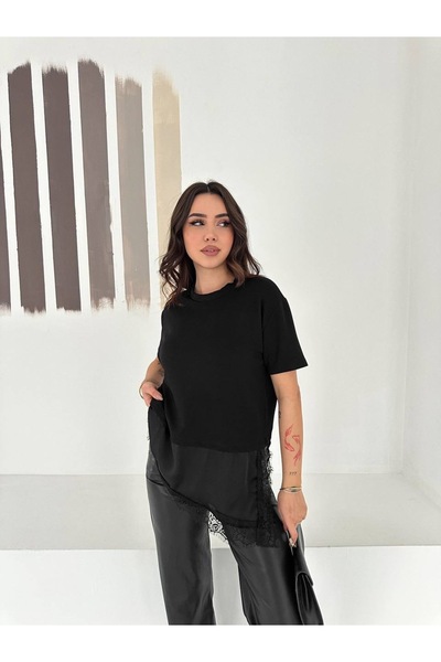 PIOVE Women's Black Lace Detailed Layered Look Oversize Basic T-Shirt