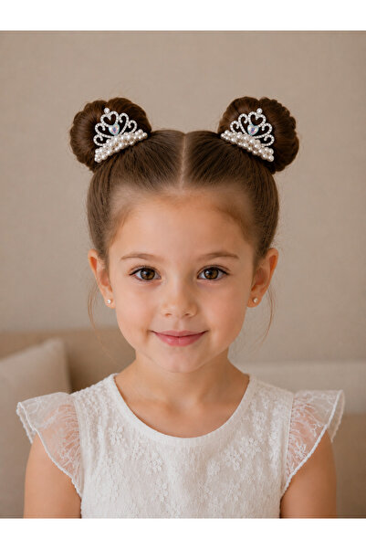 PonçiKids 2 ADET Cinderella Serisi Kalp Taşlı İnci İşlemeli Kız Çocuk Topuz T...