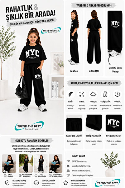TREND THE BEST Trendin En İyisi Summer Girls Boys Unisex Kids Nyc Printed Black Sweatpants and T-Shirt