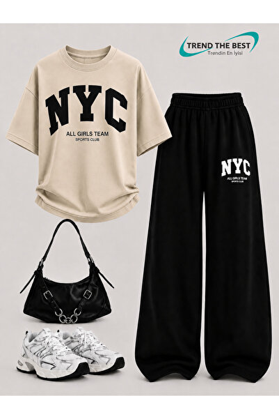 TREND THE BEST Trendin En İyisi Summer Girls Boys Unisex Kids Nyc Printed Black Sweatpants and T-Shirt