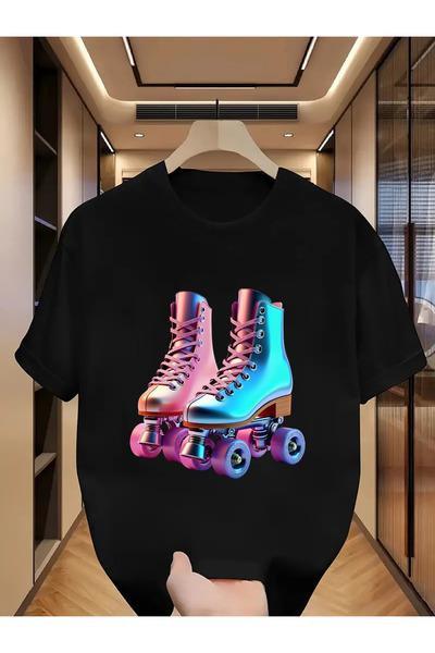 STITCHLY تي شيرت أبيض كاجوال بأكمام قصيرة مع طباعة رسومات أحذية التزلج |   قم...