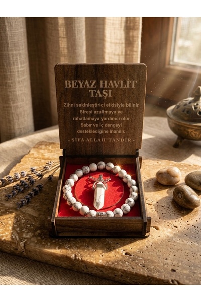 Meneva Aksesuar White Howlite Stone Natural Stone Necklace with Wooden Box, B...