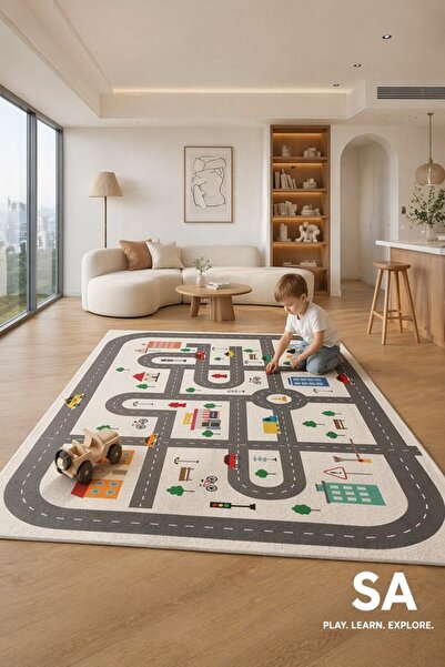 Generic 1 Piece Polyester Non Slip Road Map Play Mat Rug 120x160cm Soft Washa...