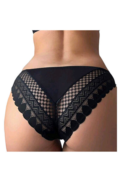 OEM Chiloti dama, negri, cu spatele din dantela brodata, lycra, L
