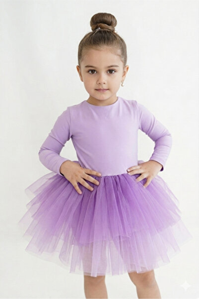 sara tasarım Girl's Lilac Color Long Sleeve-Tutu Ballet Dress