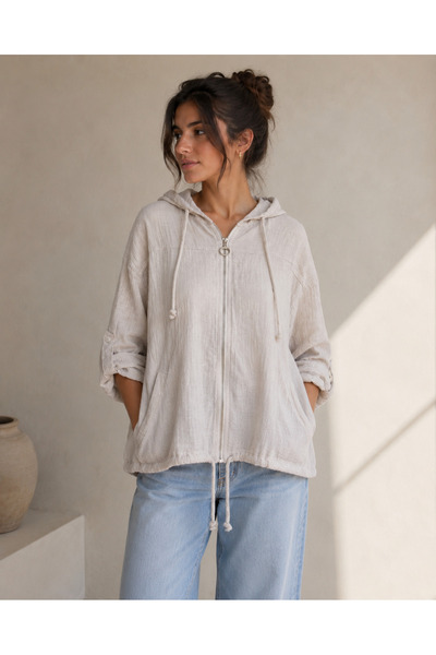 Kestelli Otantik Kadın Kapüşonlu Keten Ceket Standart Beden Fermuarlı
