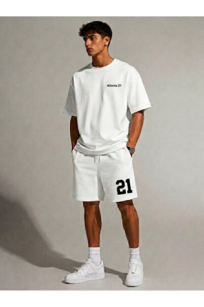 ONLY QUALİTY Unisex White Balance Printed Tshirt Black Summer Tracksuit Set