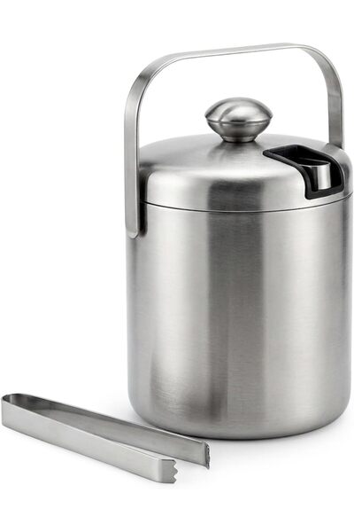 Cuisine Art Stainless Steel Ice Bucket 1.3L with Lid Tongs Strainer Double Wa...