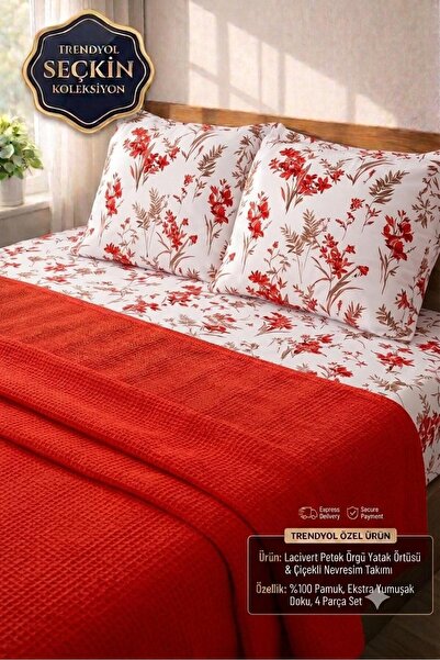 KURT Bella Home Çift Kişilik Pamuklu Petek Pike Takımı 200x230 cm Çarşaflı 4 ...