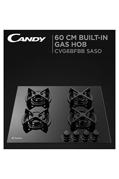 Candy 60 Cm Black Built-In Glass Gas Hob (510 x 580 x 52 mm) 4 Burners | 4 Ca...