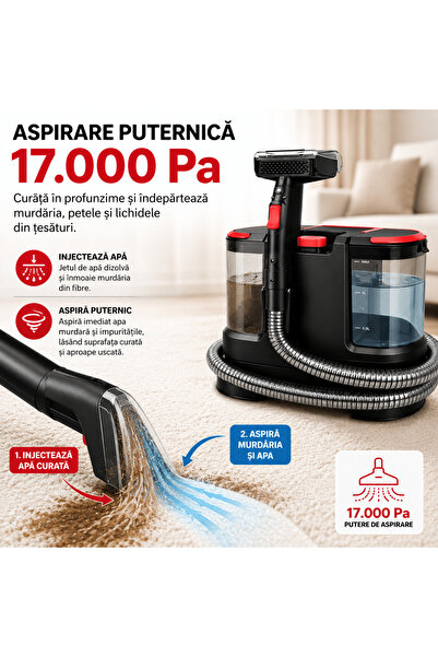 TnsAround Aspirator profesional umed și uscat Zortiva, Injecție-Extracție, 800W, 17.000Pa, Accesorii incluse, Pentru canapele, saltele, covoare, mașină