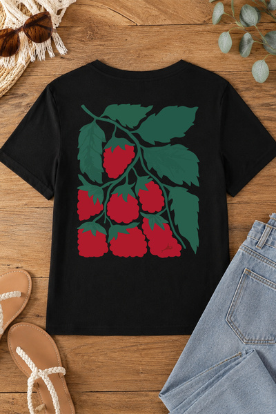 Spoyi Strawberry Design 100% Cotton Half Oversize Black T-Shirt