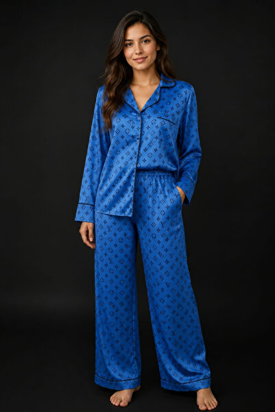Avrissa Concept Mavi Çizgi Desenli Saten Pijama, Sabahlık, Gecelik Takımı