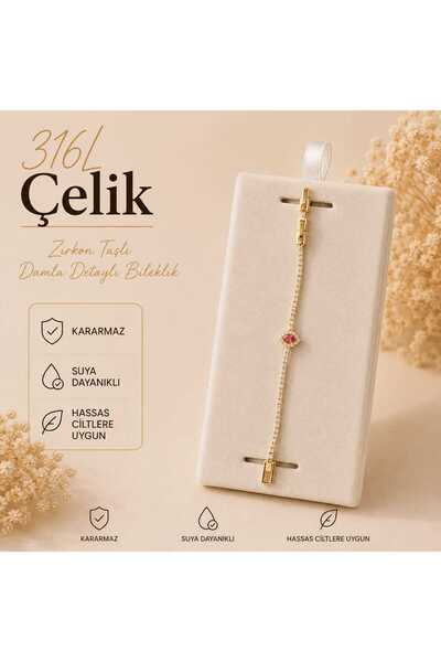 Oshiaz 316L Çelik Zirkon Taşlı Damla Göz Detaylı Bileklik – Gold
