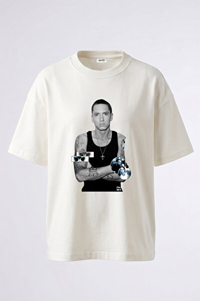 Anetos تي شيرت أبيض كبير الحجم مطبوع بتصميم Eminem_48 للجنسين