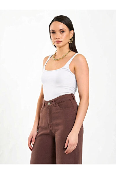 DipOL Butik Women's White Square Neck Basic Strap Tank Top