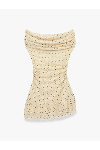 Koton Rochie mini din tul cu buline, cu umerii goi, croială asimetrică și tiv...