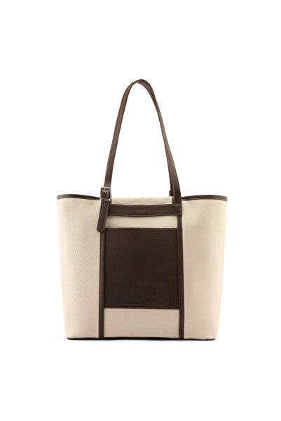 Orez Carolin Women’s Genuine Leather Tote Shoulder Bag with Double Long Straps, Front Pocket Detail and Buckle Accent – Black / Creamy Brown