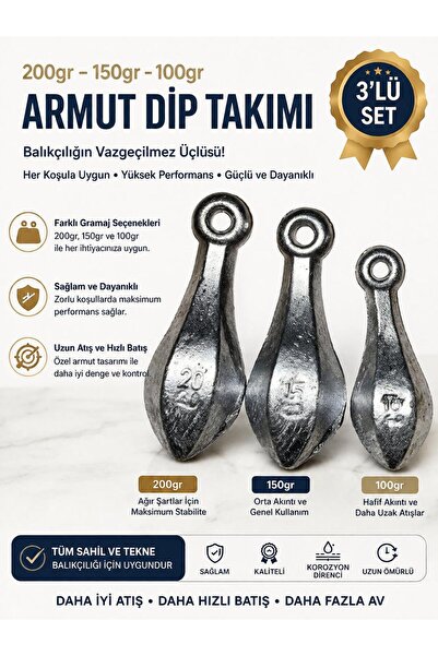 EK AV EKİPMANLARI 100-150-200 Gr 3’lü Armut Dip Takımı Kurşunu | Olta Kurşunu...