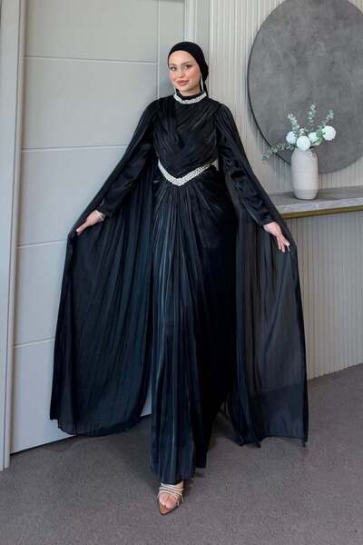 Şulemoda Giyim Diana Cape Detail Evening Dress Black