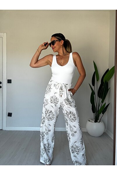 Rozella Butik Linen Textured Ecru Trousers with Khaki Floral Print