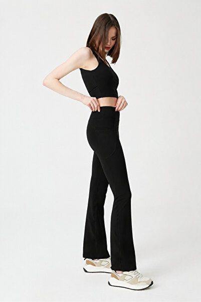 CloudyMood Women's Black High-Waisted Shaping Double Pocket Flare Leggings Bo...
