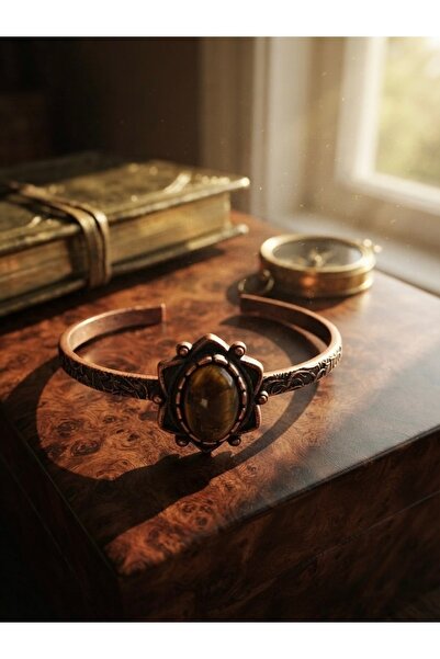 Meneva Aksesuar Special Design Adjustable Copper Bracelet with Tiger's Eye Na...