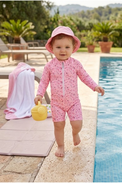 Bebella&Baby Kız Bebek Uzun Kollu Fermuarlı Kalpli Havuz Deniz Mayo
