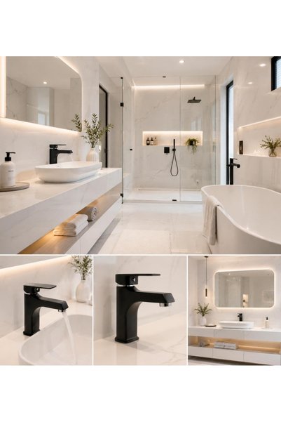 RENA DESIGN Sink Faucet Matte Black Luxury Heavy Body Brass Bathroom Water Saving On/Off with 2 Year Warranty Square Hot Cold