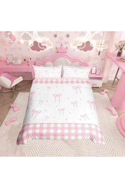Homemissing White Pink Bowknot Duvet Cover Set Double Size For Kids Girls Tee...