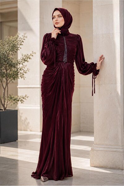 TRENDTESETTÜR KADIN BORDO DRAPELİ ABİYE ELBİSE T 9325